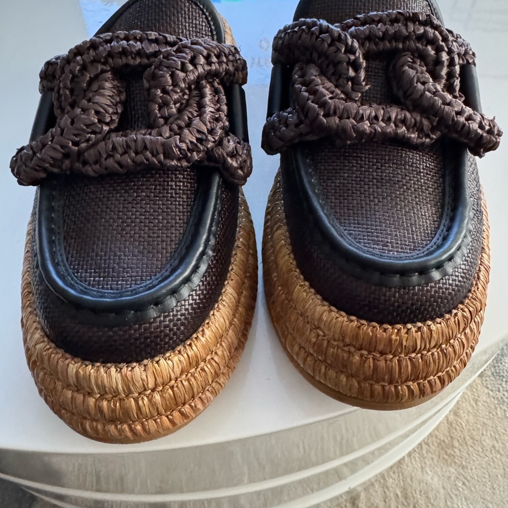 Tod’s authentic Kate Fabric Raffia Platform Mules